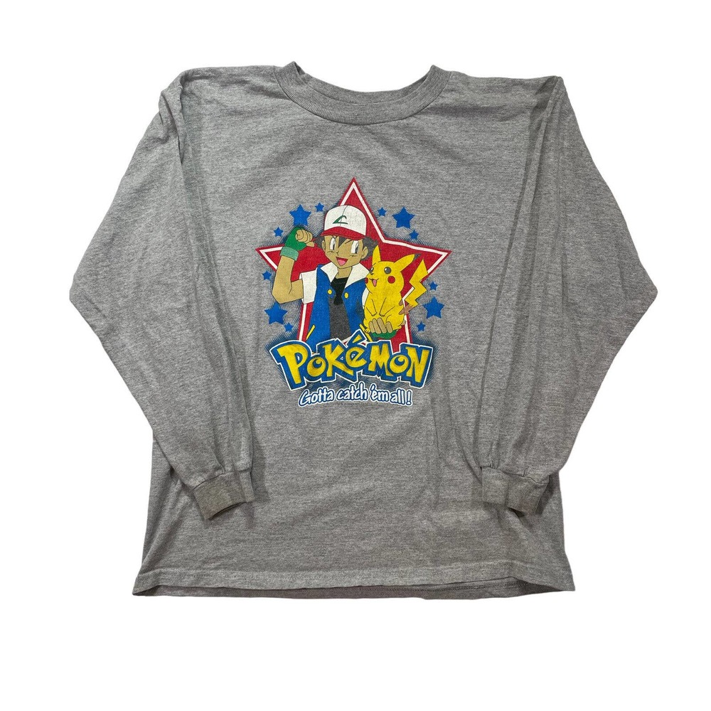 Vintage Pokémon T-Shirt Youth Large Nintendo 1999 90s‎ Gray Long Sleeve